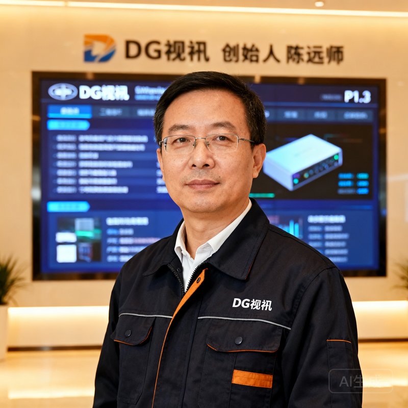 DG视讯创始人兼总工程师陈远铭的正式肖像照，身着深色工装，背景为公司展厅内的P1.2大屏